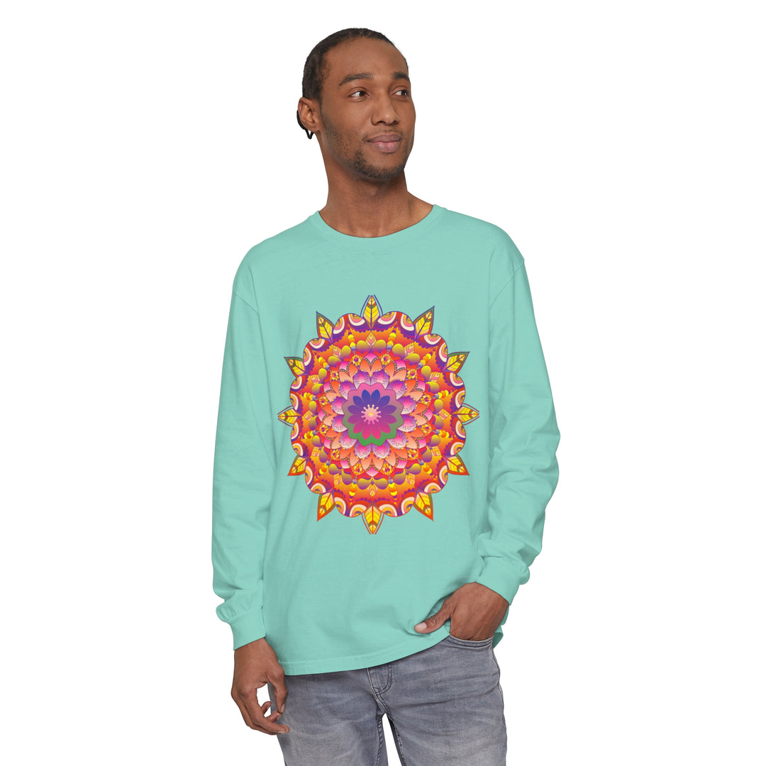 Colorful and intricate mandala design on a comfortable unisex long sleeve T-shirt