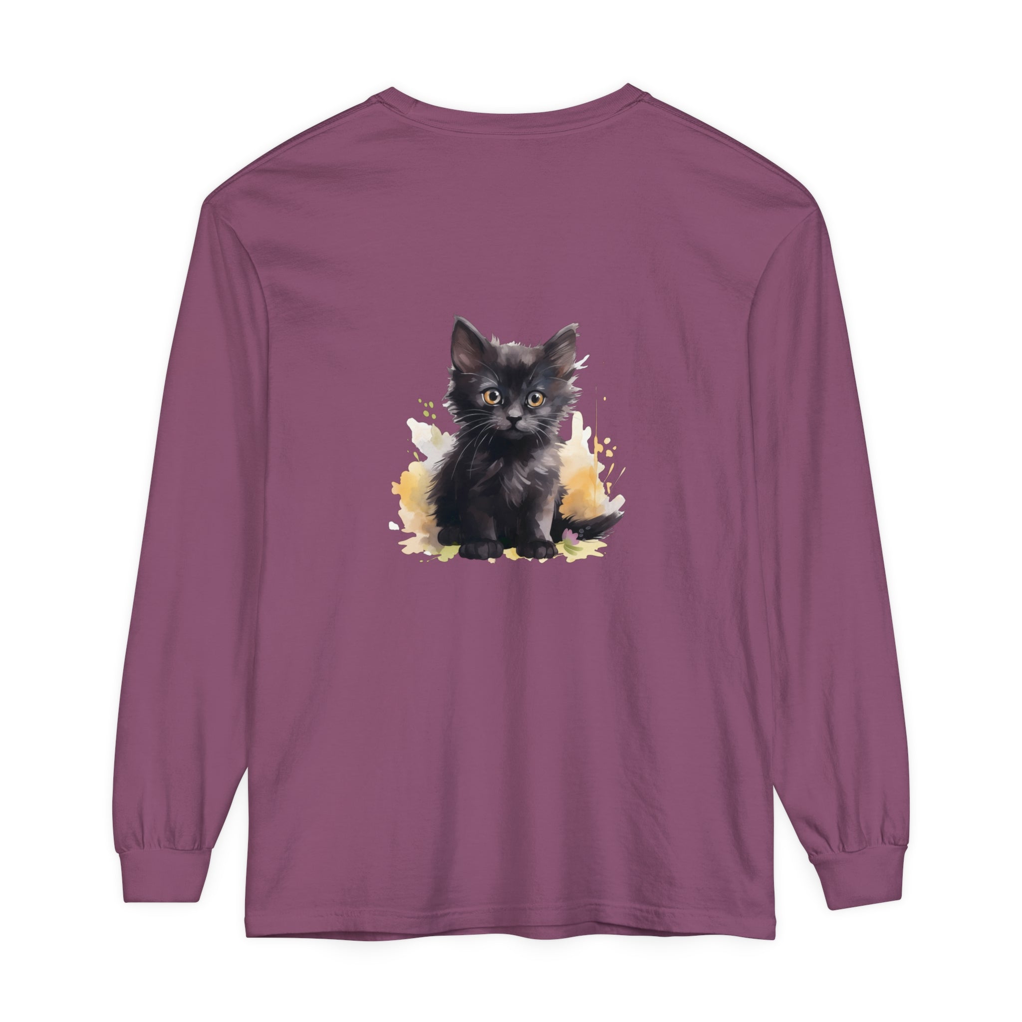 Black t-shirt with a watercolor splash design featuring a cute kitten
