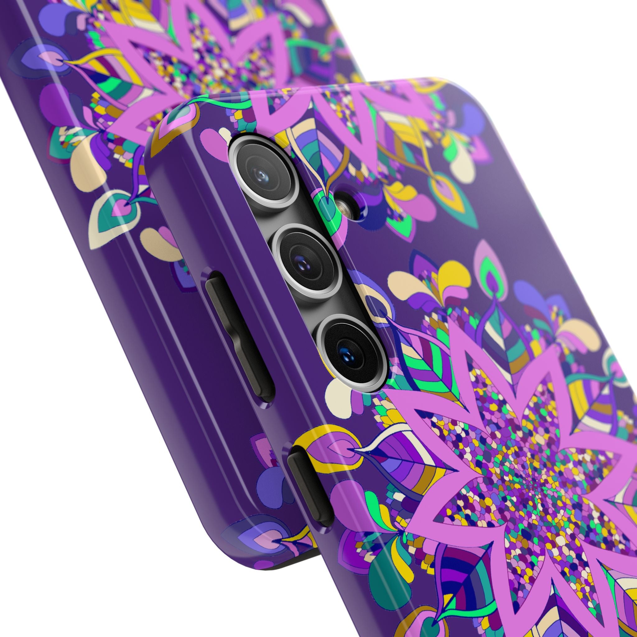 A detailed, hand-drawn purple mandala art phone case designed for iPhone X/XS