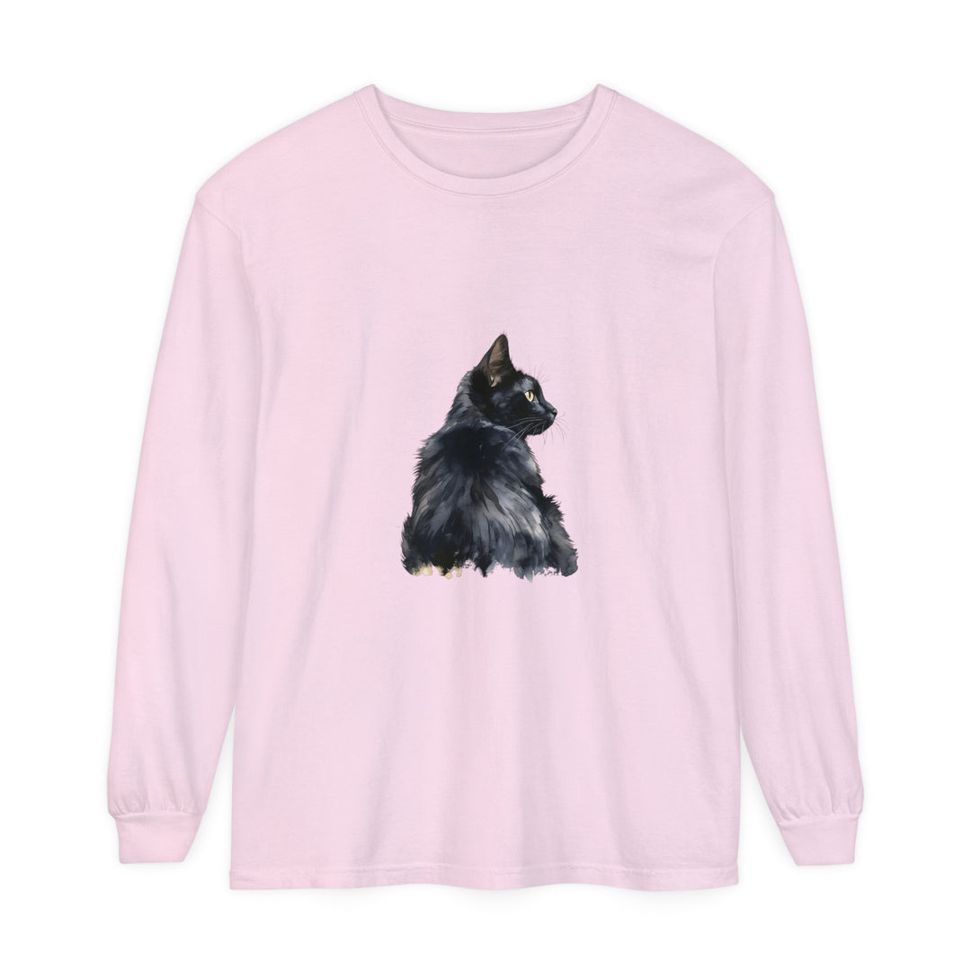 Black Cat Watercolor Long Sleeve T-Shirt with vibrant watercolor design and comfortable fit