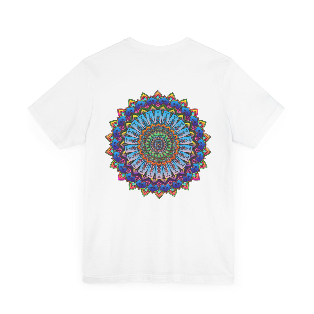 A close-up image of a Vibrant Mandala Tee with intricate geometric patterns, symbolizing spiritual peace and harmony, in various shades of blue, green, and purple, perfect for bringing positive energy and tranquility to any outfit