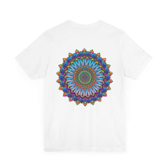 A close-up image of a Vibrant Mandala Tee with intricate geometric patterns, symbolizing spiritual peace and harmony, in various shades of blue, green, and purple, perfect for bringing positive energy and tranquility to any outfit