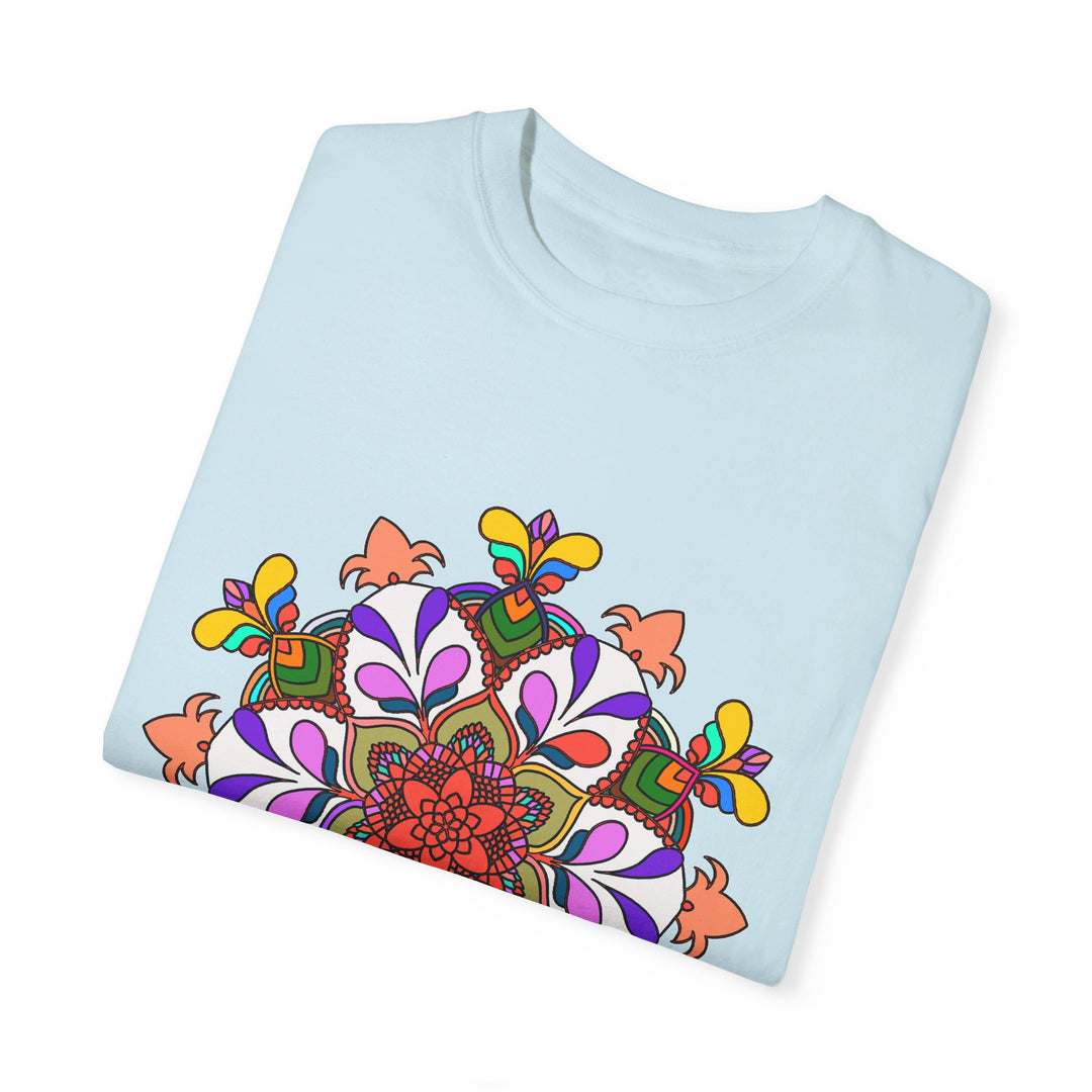 Unisex mandala t-shirt made from 100% ring-spun cotton, featuring hand-drawn mandala art and garment-dyed for extra comfort