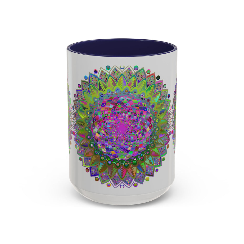 Colorful and intricate psychedelic mandala design on a grey ceramic mug
