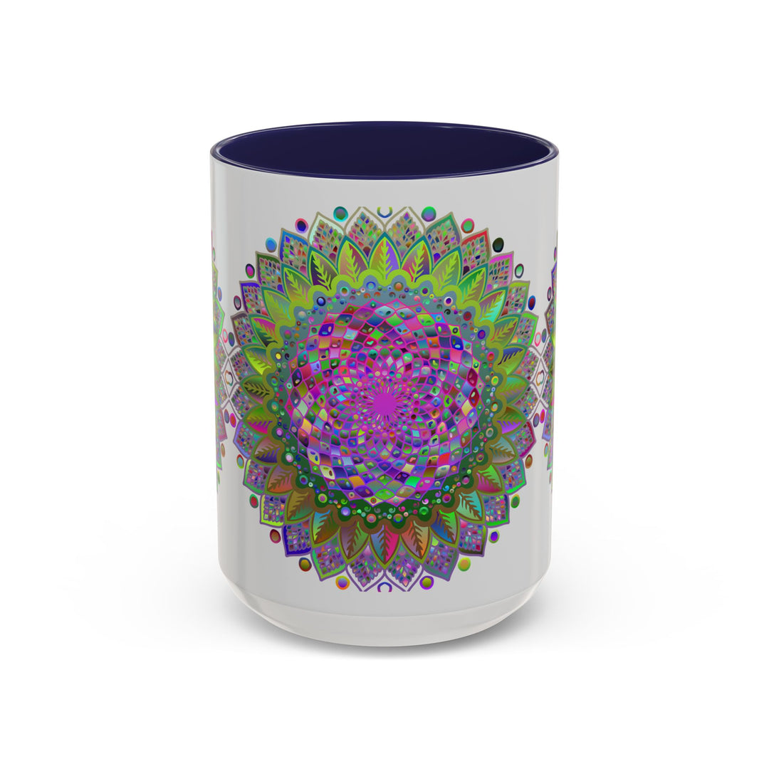 Colorful and intricate psychedelic mandala design on a grey ceramic mug