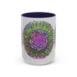 Colorful and intricate psychedelic mandala design on a grey ceramic mug