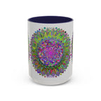 Colorful and intricate psychedelic mandala design on a grey ceramic mug