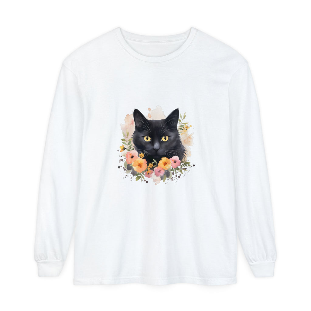 Black Cat Floral Portrait Unisex T-Shirt featuring a beautiful, detailed, and intricate cat design with vibrant floral elements, suitable for both men and women