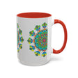 A beautiful mandala art mug featuring vibrant colors on a grey background