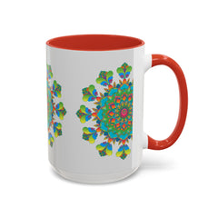 A beautiful mandala art mug featuring vibrant colors on a grey background