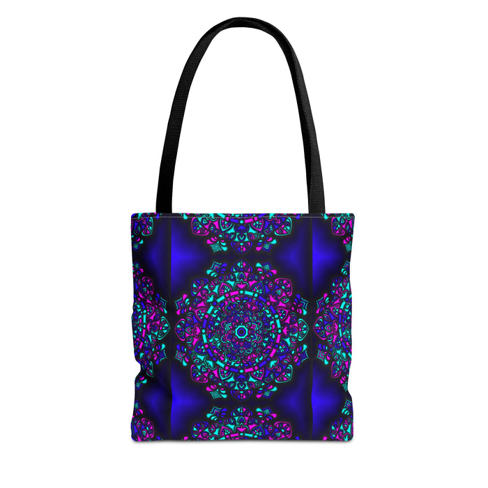Borsa tote Kaleidoscope Mandala — Motivo floreale neon vibrante