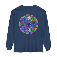 Colorful and intricate mandala design on a unisex long sleeve t-shirt