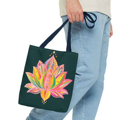 Colorful mandala lotus tote bag with intricate design and spacious interior