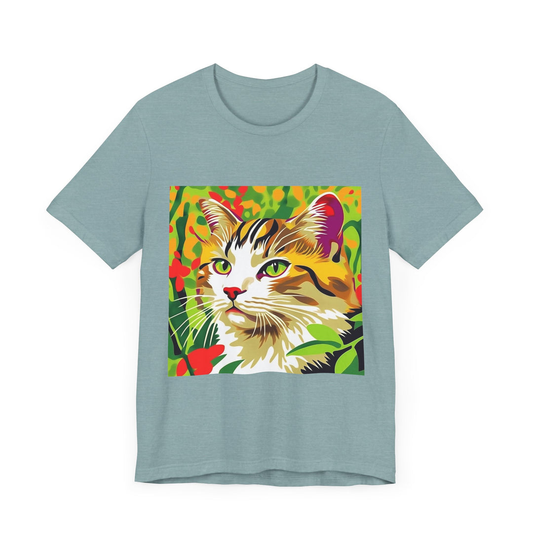 Colorful t-shirt with a playful illustration of a savanna cat