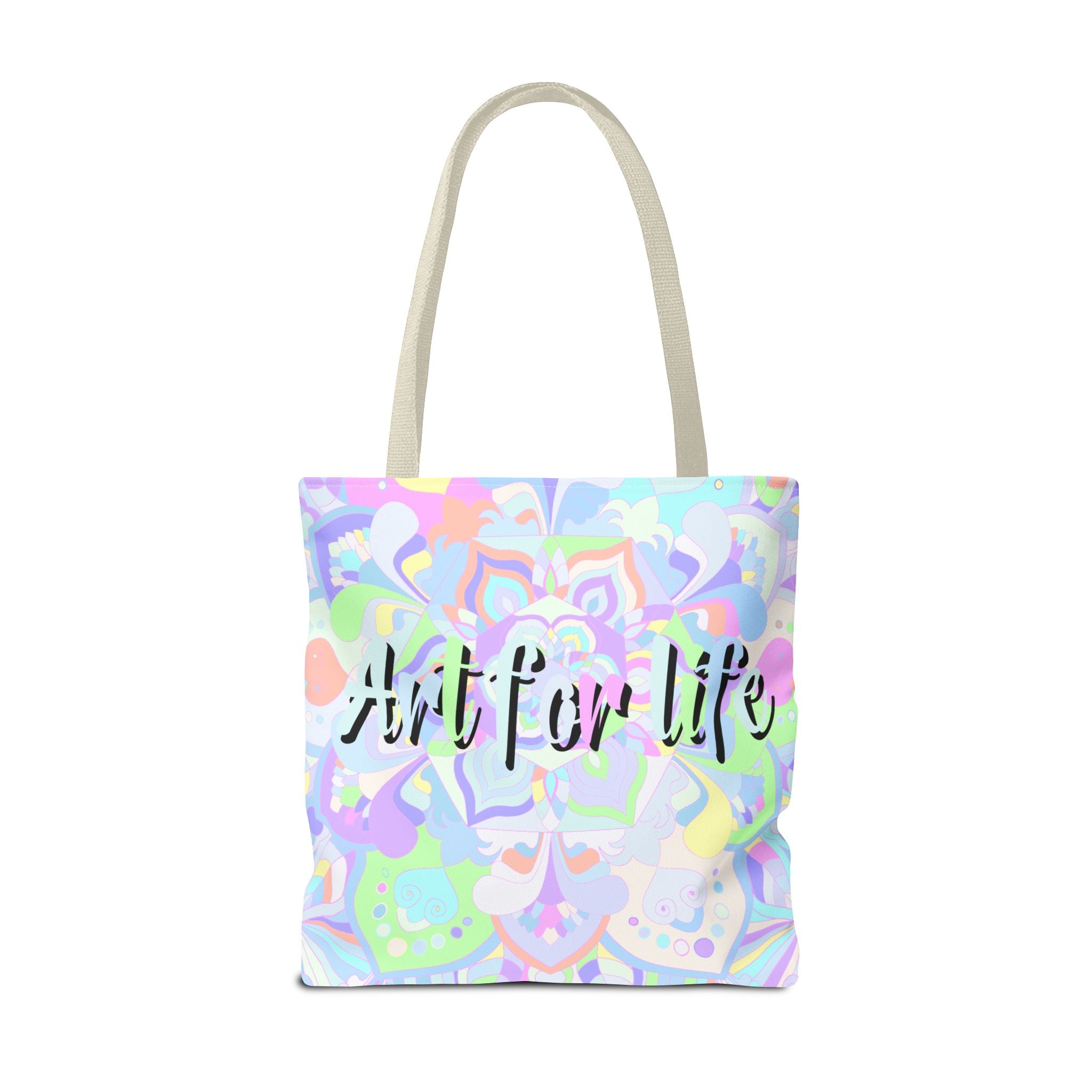 A colorful mandala tote bag with the quote Art for Life designed for everyday use and promoting artistic expression