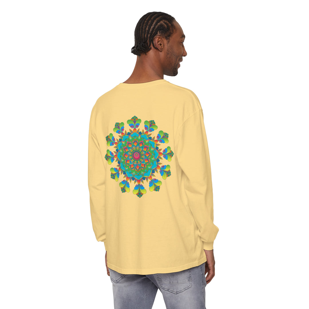 Colorful tie-dye long sleeve T-shirt with intricate psychedelic mandala design