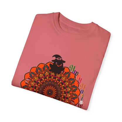 A unisex Halloween Mandala T-shirt featuring handmade pumpkin mandala art on a garment-dyed tee