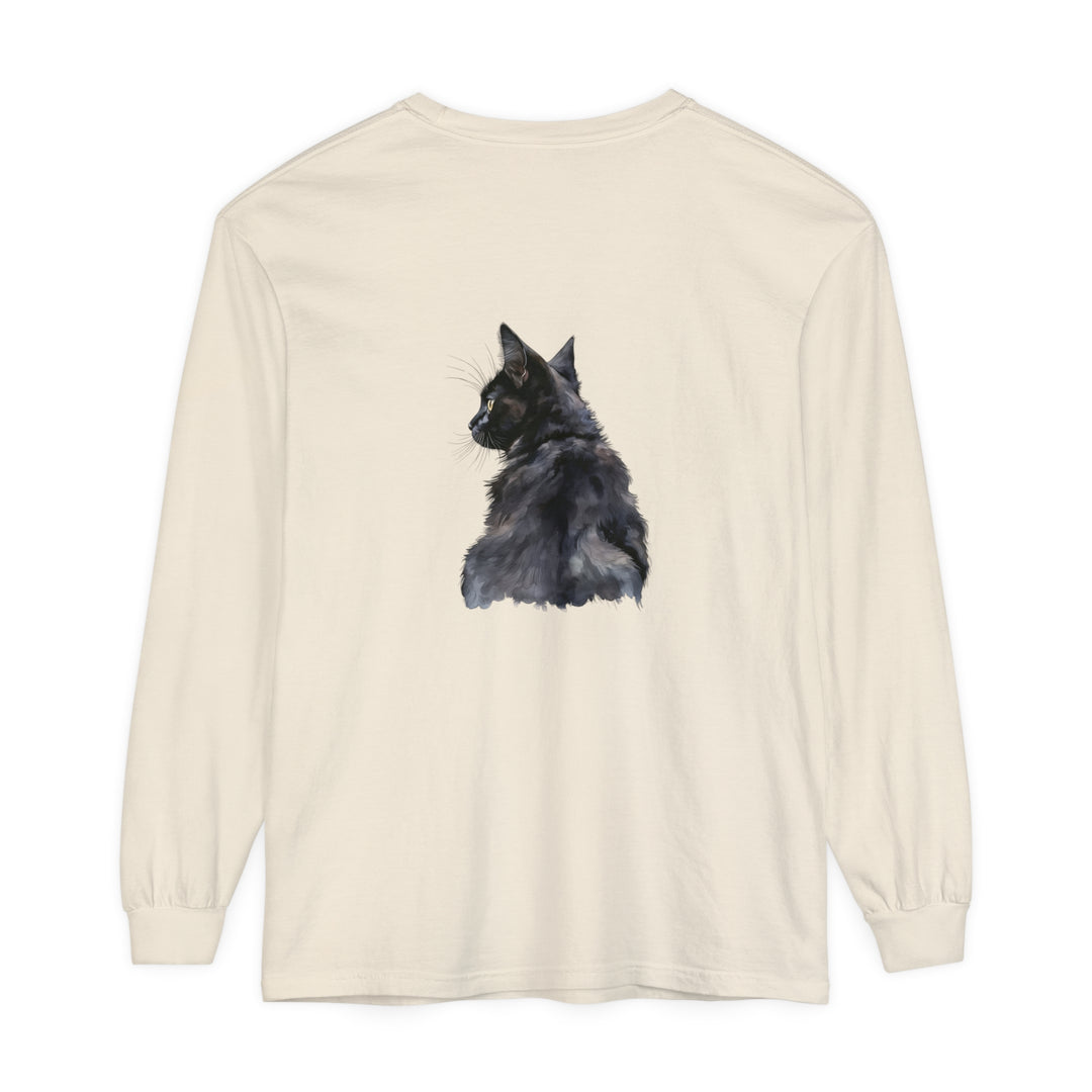 Long sleeve black cat watercolor t-shirt with vibrant artwork design