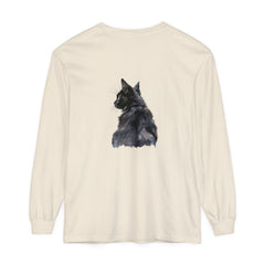 Long sleeve black cat watercolor t-shirt with vibrant artwork design
