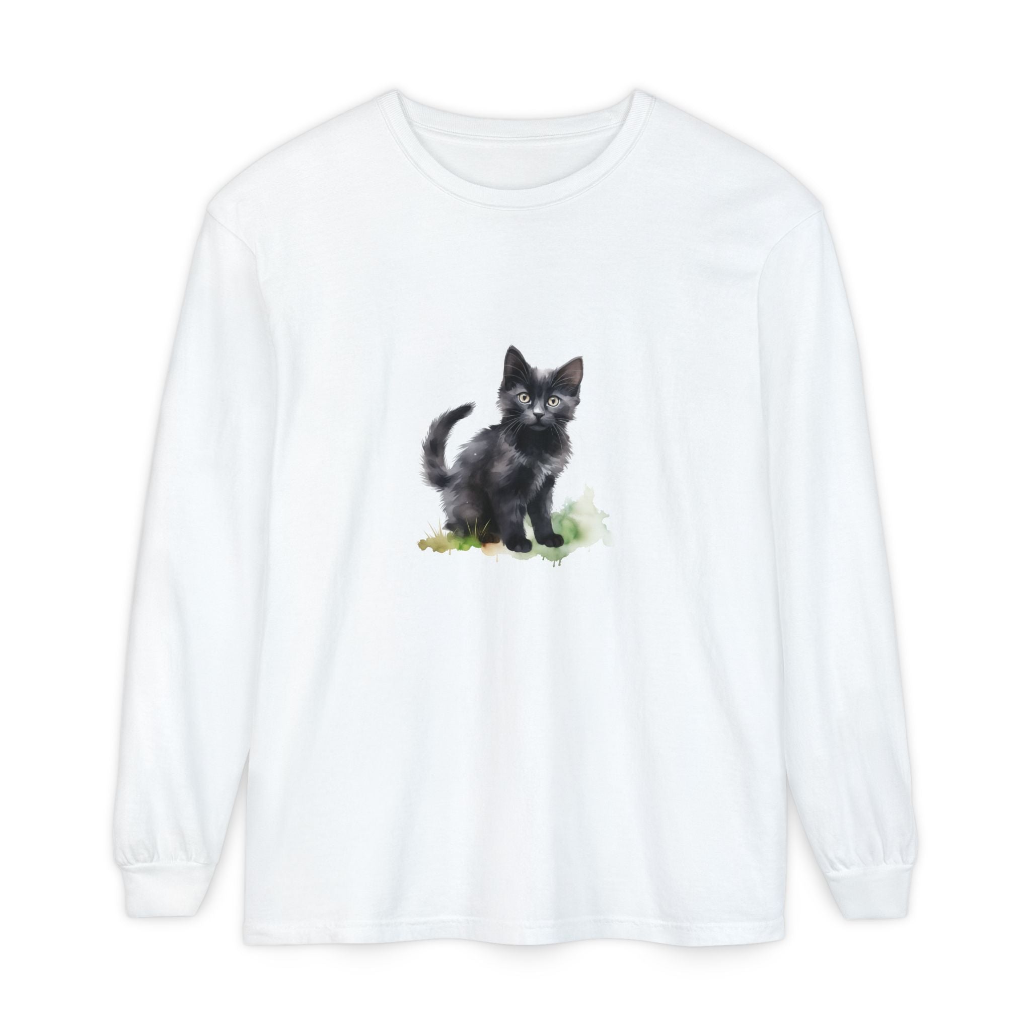 Maglietta a maniche lunghe con gatto nero e acquerello