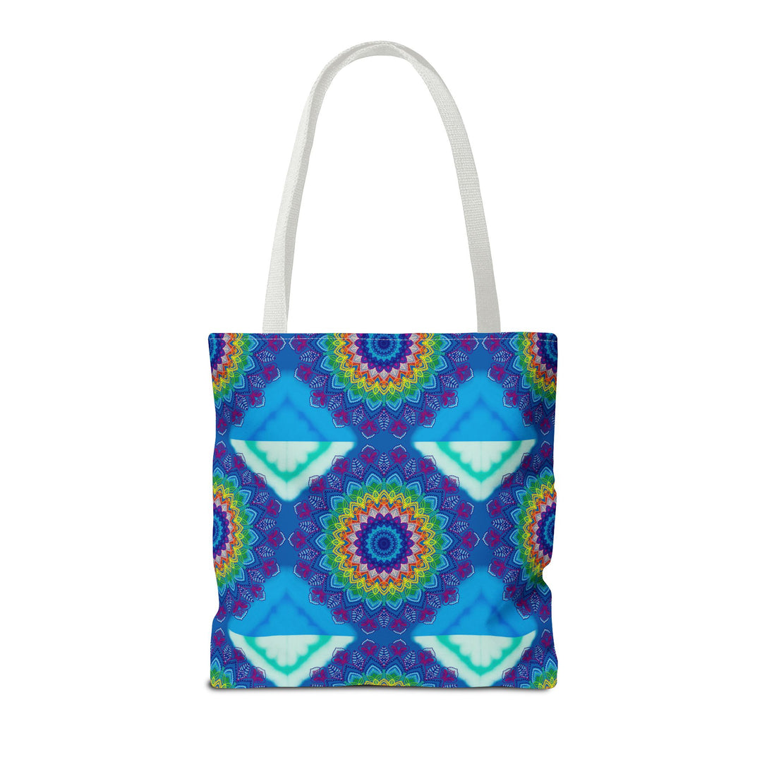 Vibrant and intricate mandala design on a spacious and colorful tote bag for a stylish and unique fashion accessory