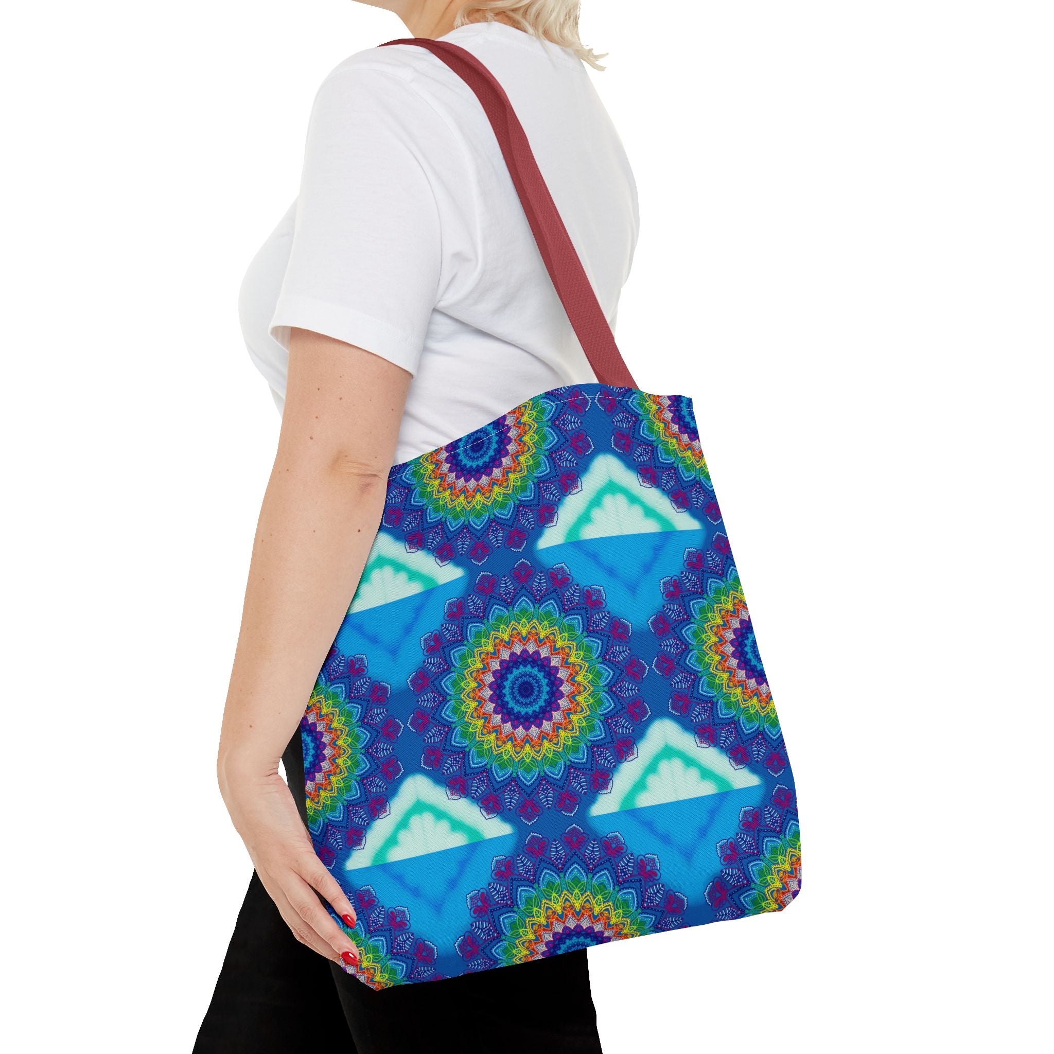 Colorful and intricate mandala design tote bag, perfect for carrying your essentials in style