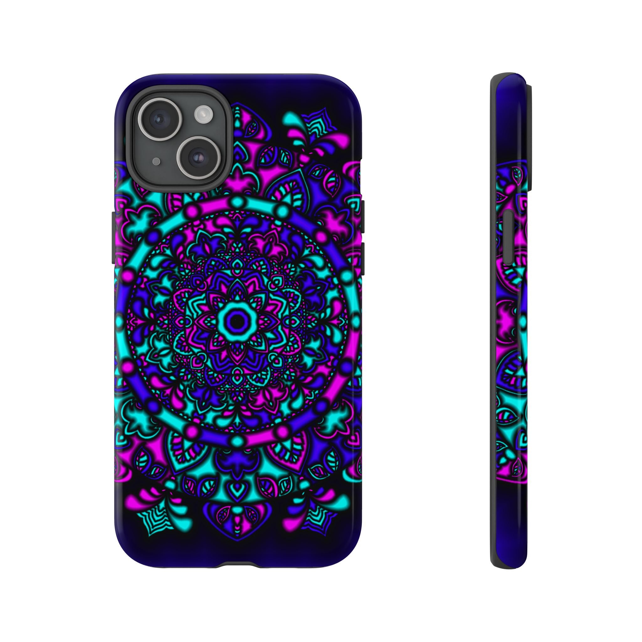 Mandala Neon Phone Case — Purple & Teal Protective Tough Case