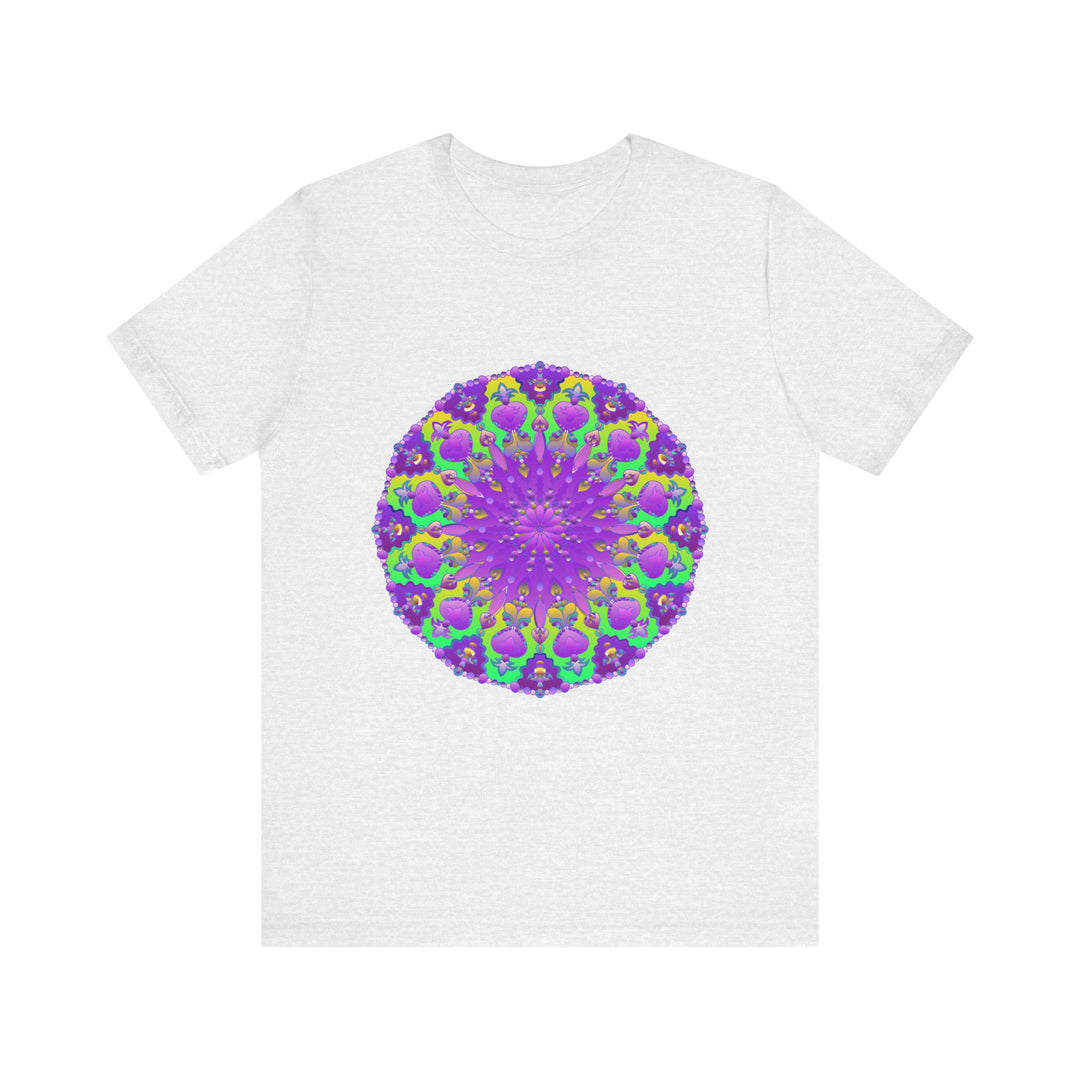 A close-up image of a purple and green mandala tee with intricate and detailed design, perfect for adding a pop of color to any outfit