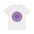 A close-up image of a purple and green mandala tee with intricate and detailed design, perfect for adding a pop of color to any outfit