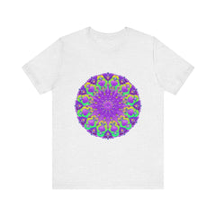 A close-up image of a purple and green mandala tee with intricate and detailed design, perfect for adding a pop of color to any outfit