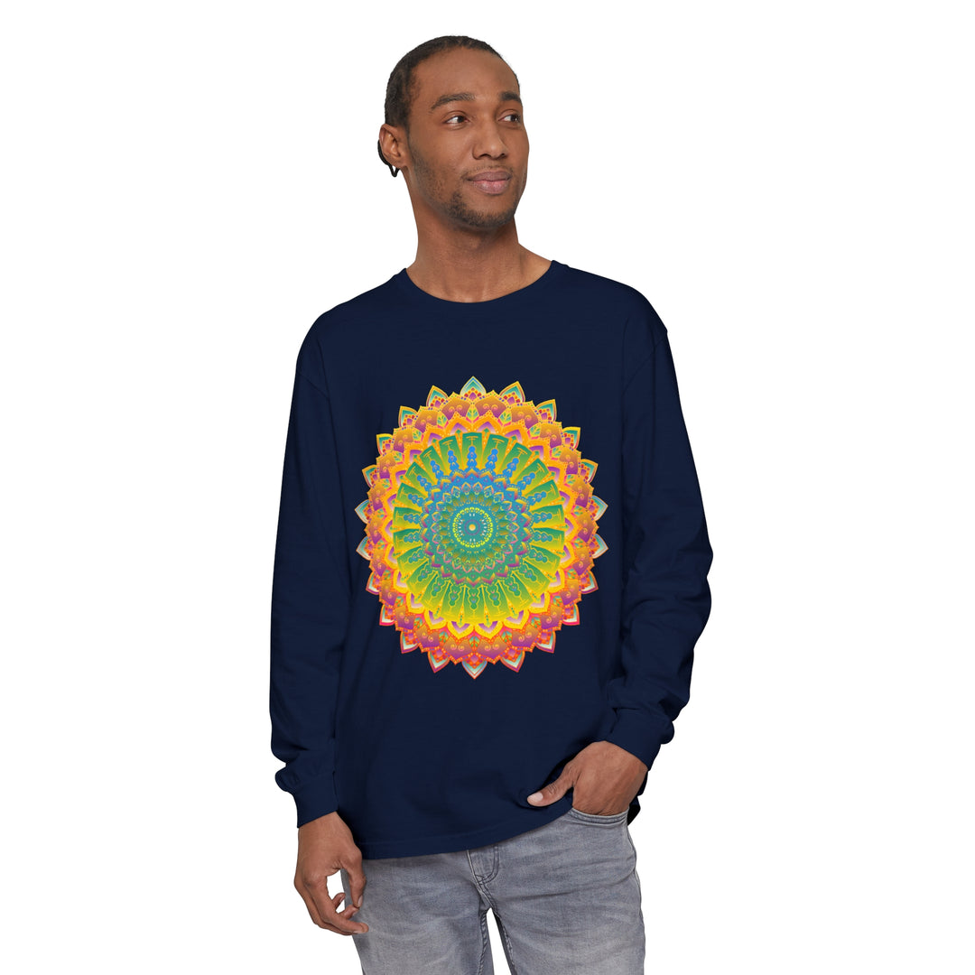 Unisex long sleeve t-shirt featuring an intricate mandala design in vibrant colors