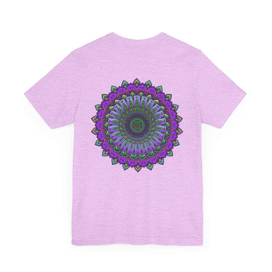 A close-up image of a white t-shirt with a colorful mandala design, representing spiritual peace and harmony