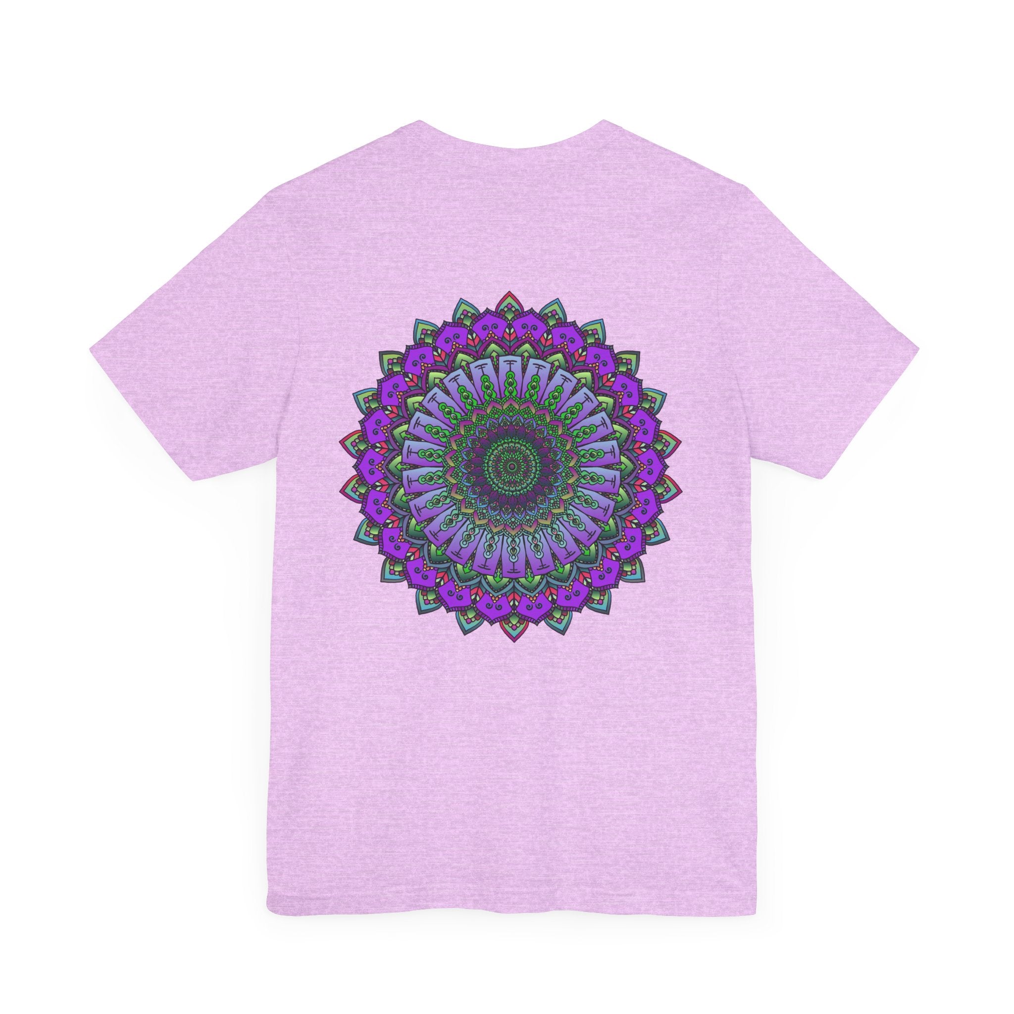 A close-up image of a white t-shirt with a colorful mandala design, representing spiritual peace and harmony
