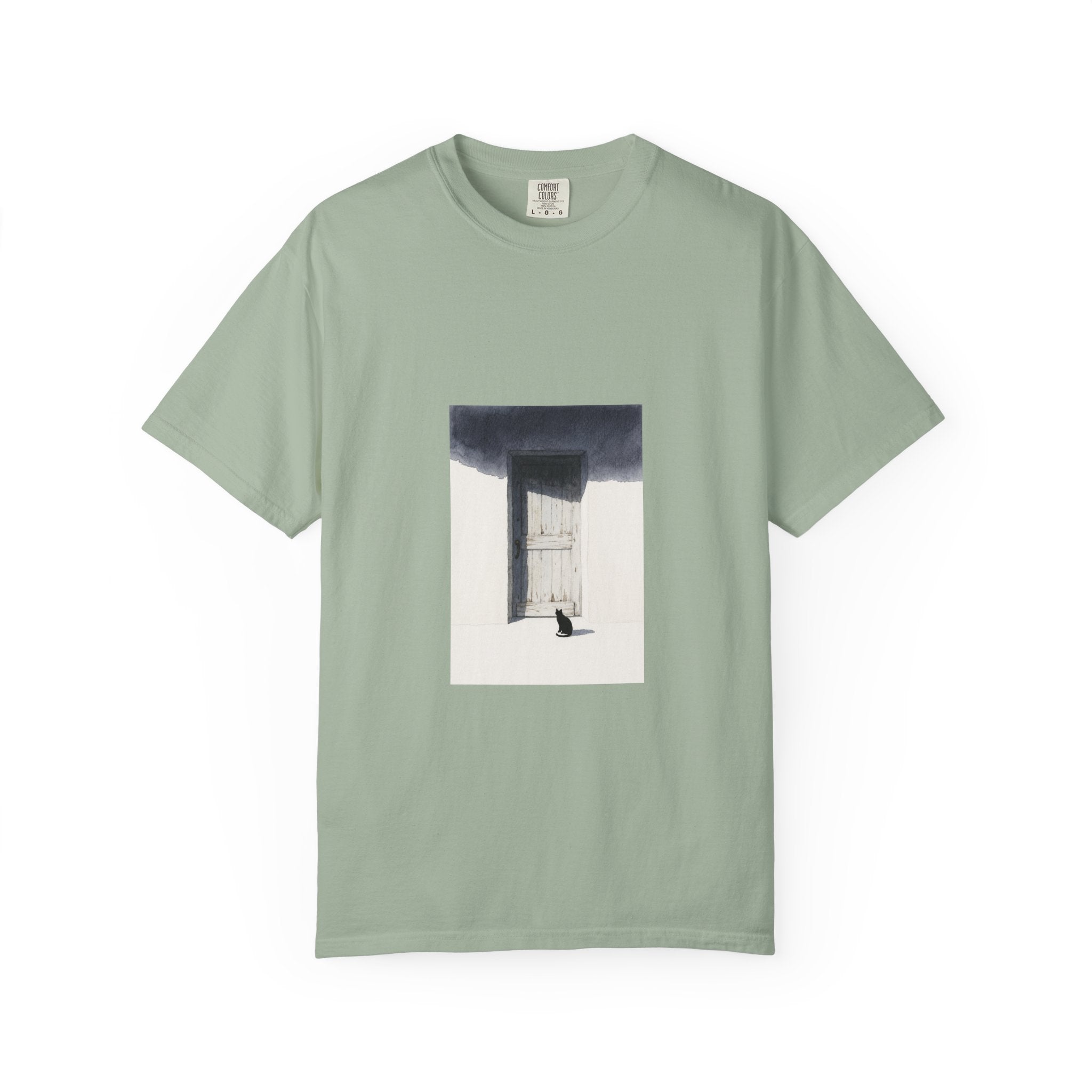 T-Shirt — Minimal Art Cat at Door Graphic Tee