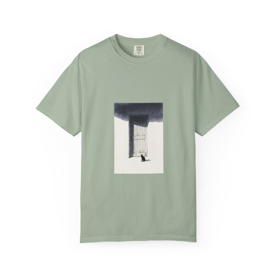 T-Shirt — Minimal Art Cat at Door Graphic Tee