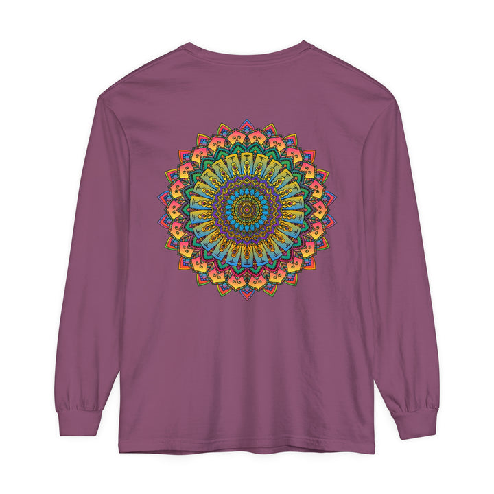 A close-up image of an intricate mandala design on a unisex long sleeve t-shirt