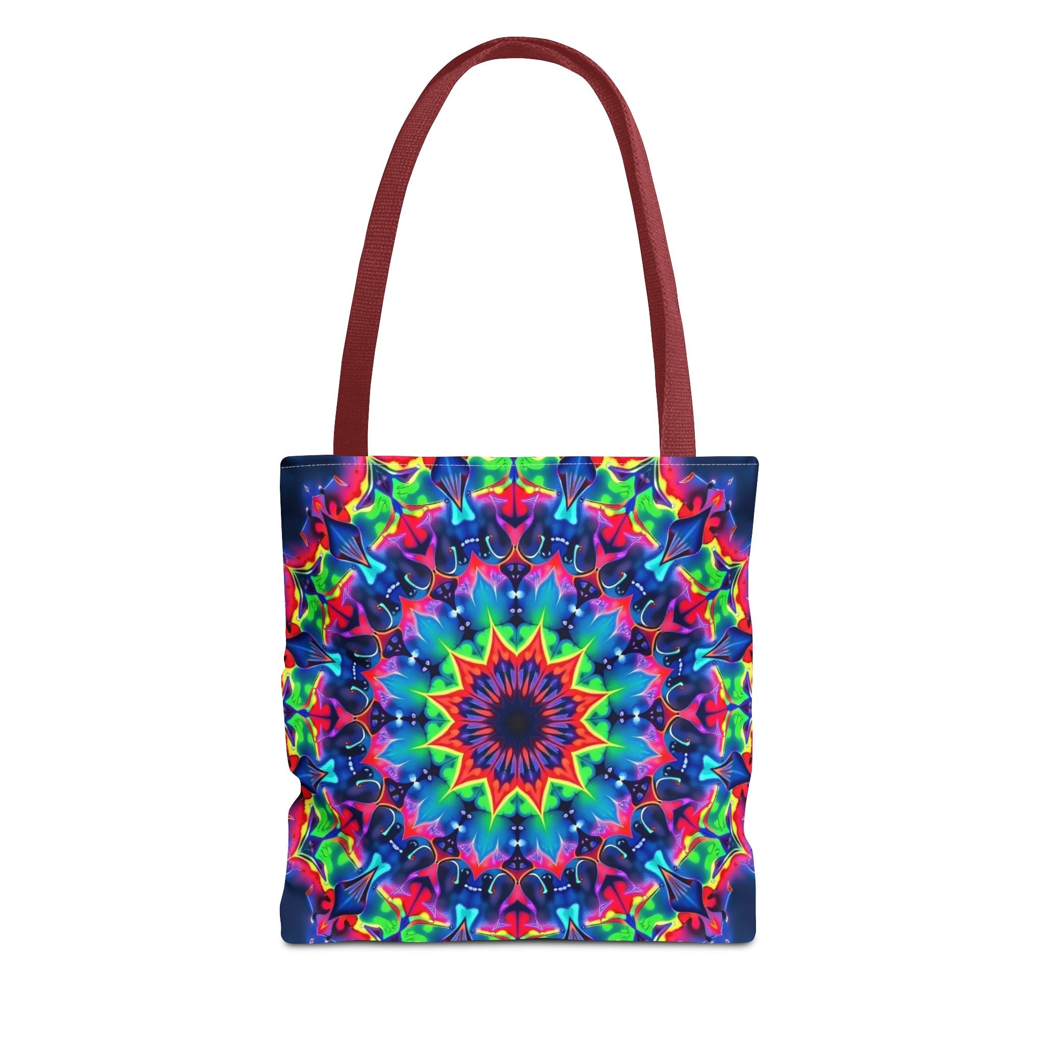 Colorful mandala design tote bag with psychedelic patterns, perfect for carrying all your essentials in style