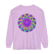 Vibrant purple and green mandala long sleeve t-shirt with intricate design