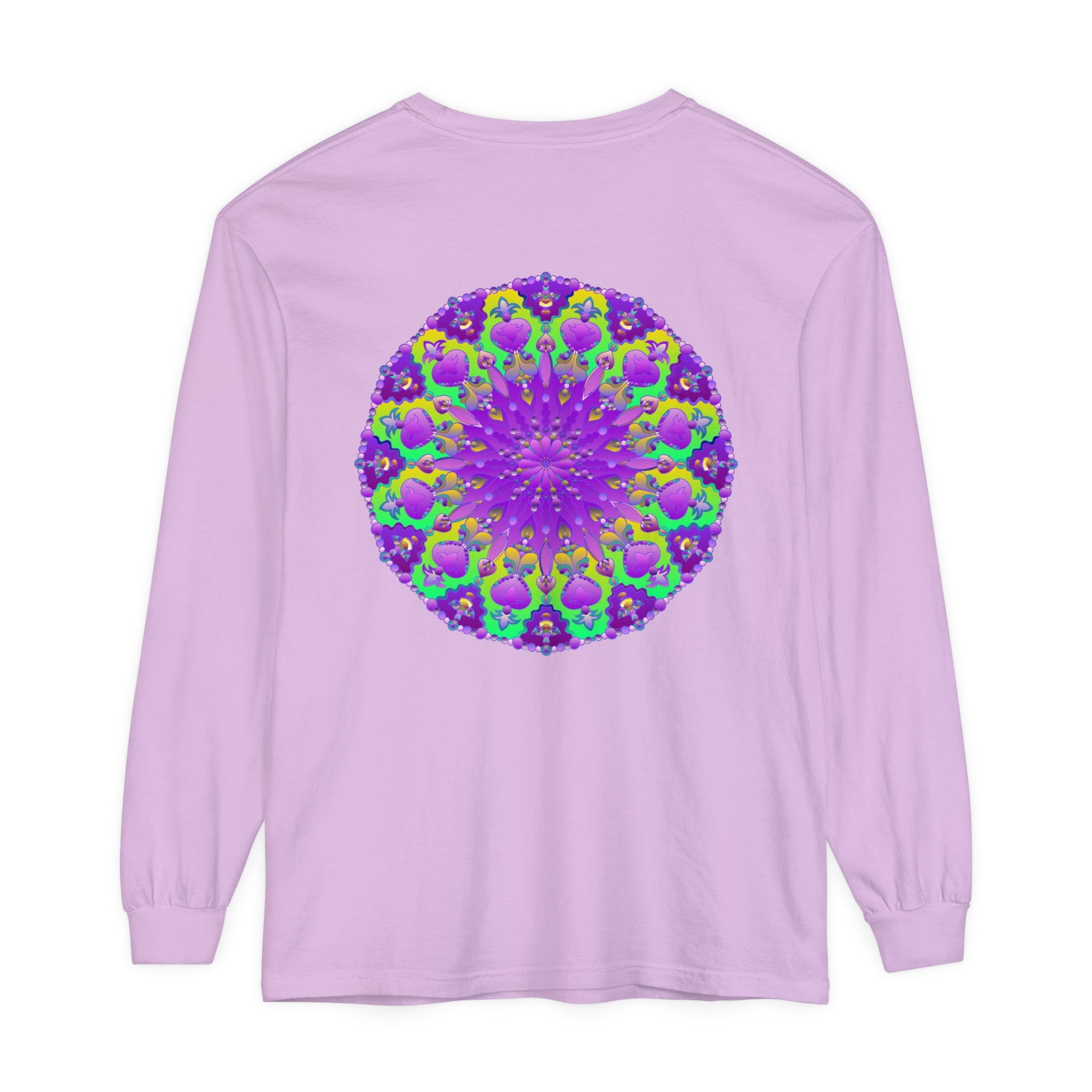 Vibrant purple and green mandala long sleeve t-shirt with intricate design