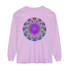 Vibrant purple and green mandala long sleeve t-shirt with intricate design