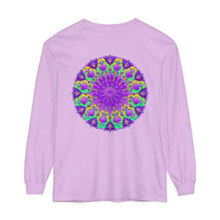 Vibrant purple and green mandala long sleeve t-shirt with intricate design