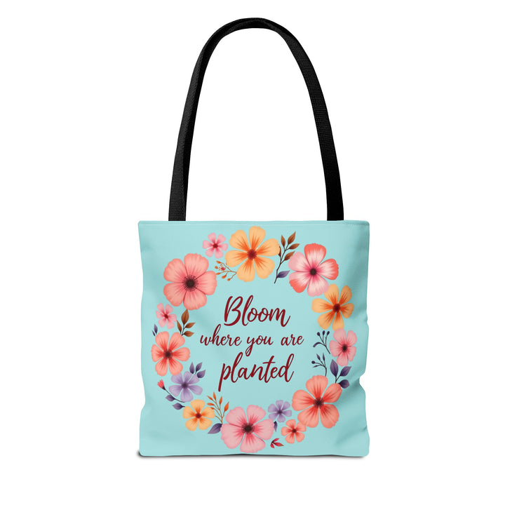 Colorful floral tote bag with the quote 'Bloom Where You Are Planted' available in small, medium, and large sizes