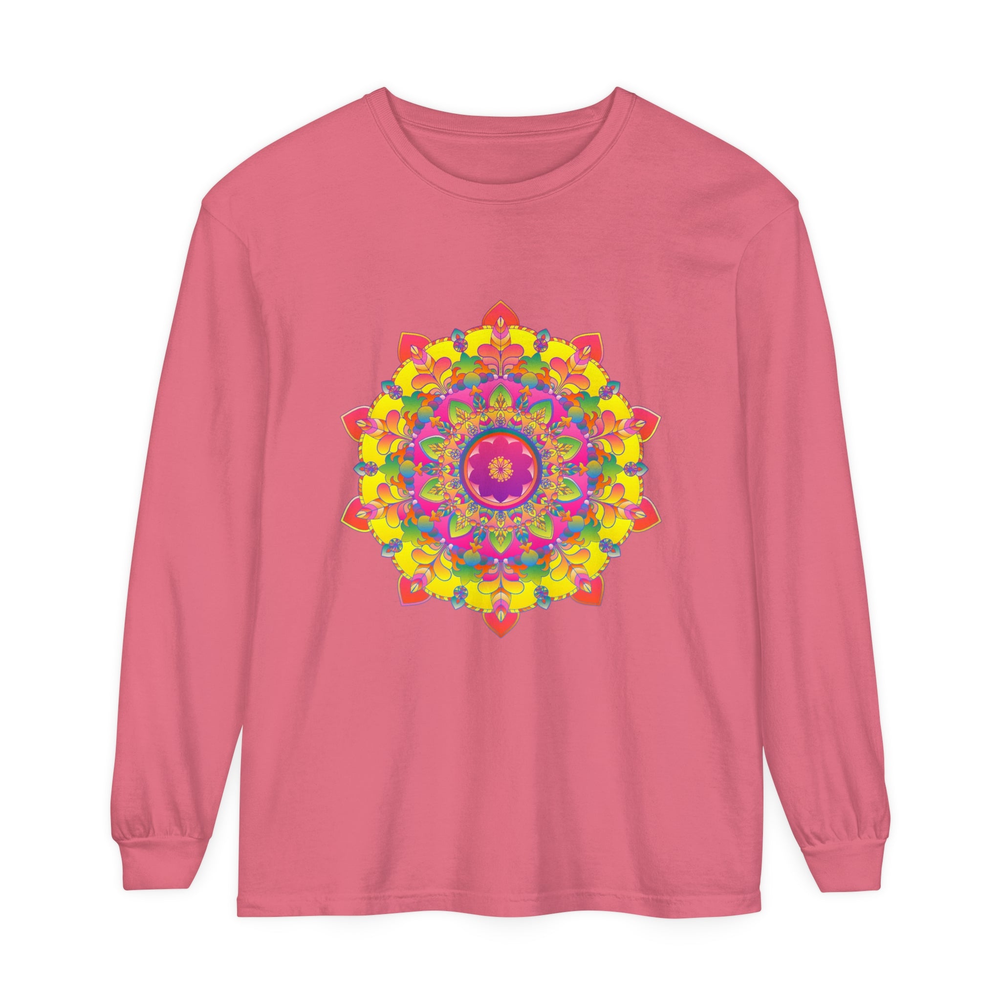 Vibrant Mandala Long Sleeve T-Shirt featuring a colorful and intricate mandala design