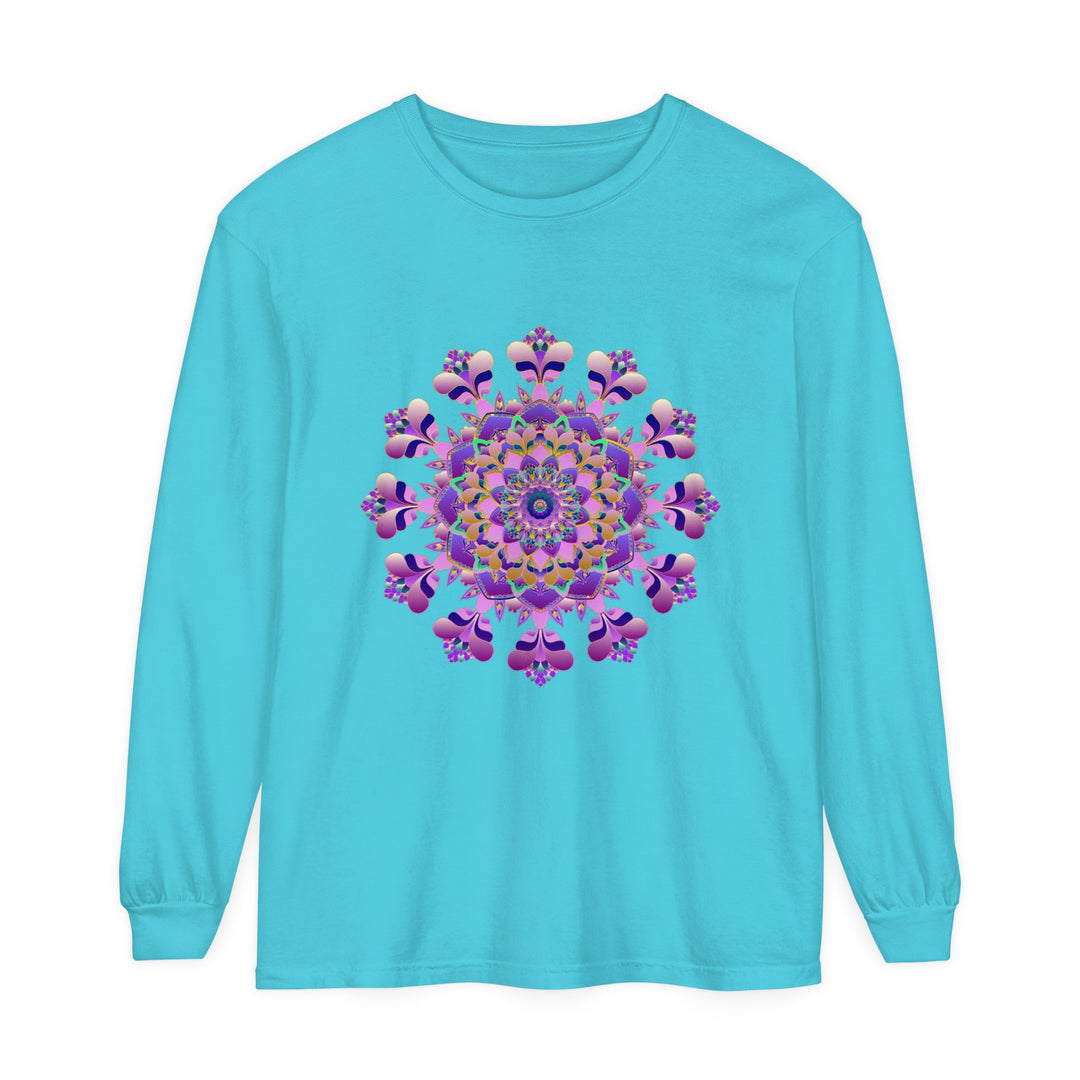 Unisex mandala long sleeve tee featuring intricate, hand-drawn pattern