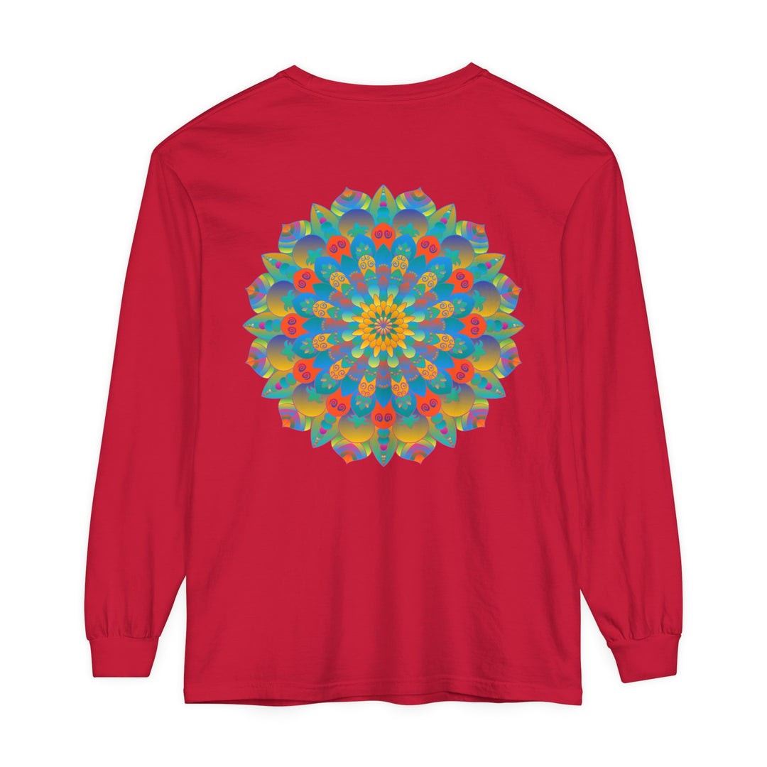 Unique unisex long sleeve t-shirt adorned with a vibrant mandala