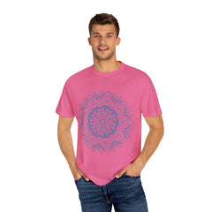 Handmade Mandala Art Tshirt featuring intricate design on Unisex Garment-Dyed Tee