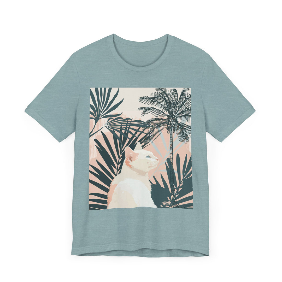 Cute white cat tee with a fashionable palm leaf print