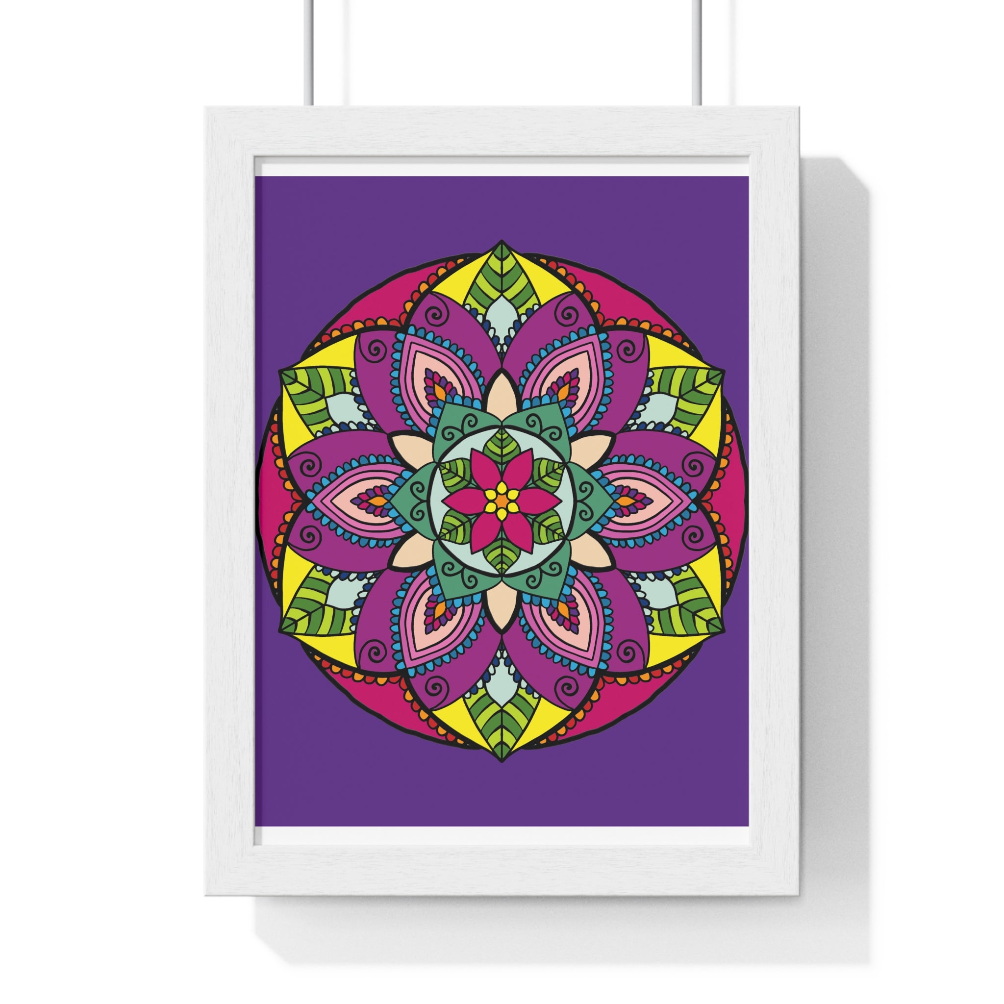 Hand-drawn purple mandala art on vertical framed poster for mindfulness and yoga