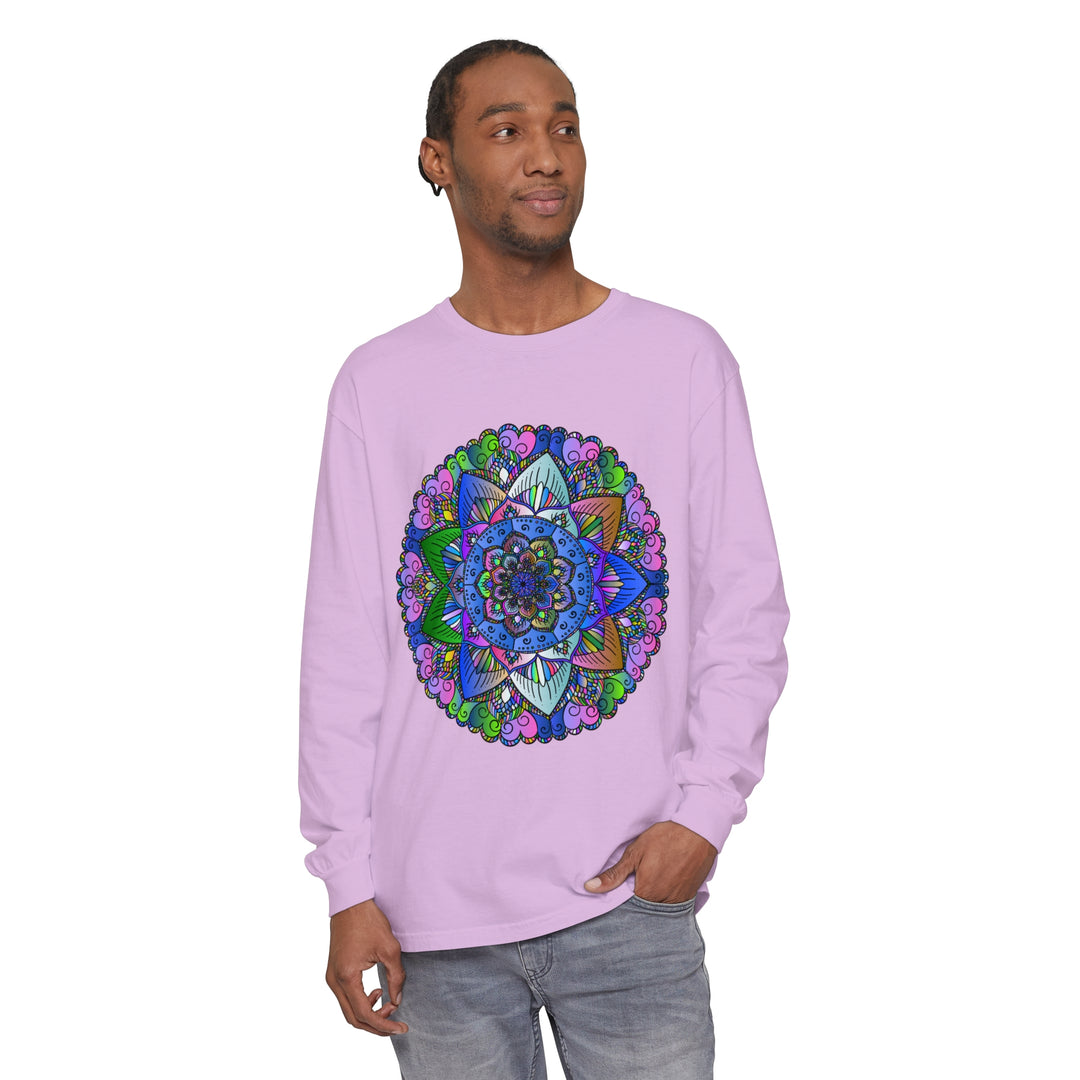 Colorful and intricate mandala design on a unisex long sleeve t-shirt