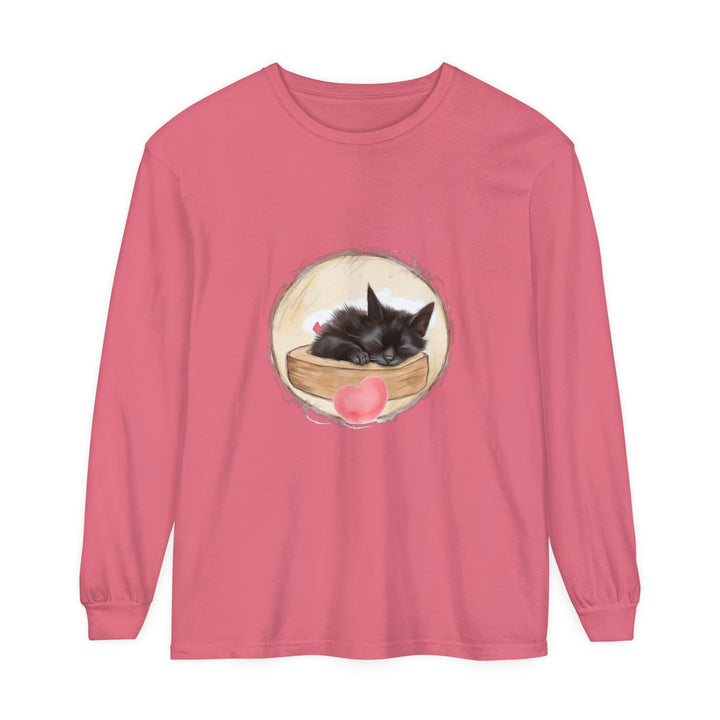 A cute and cozy unisex t-shirt featuring a sleeping kitten design